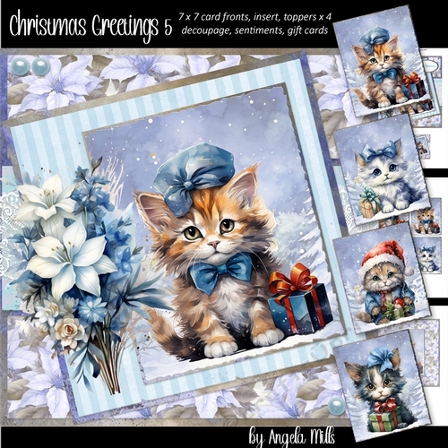 Christmas Greetings 5: Festive Kittens 7 x 7 Card Mini Kit, 8 Sheets incl. 4 Kitten Toppers
