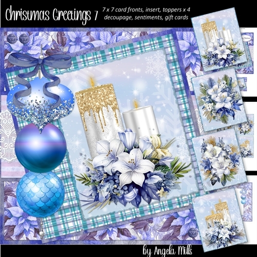 Christmas Greetings 7: White/Gold Glitter Candles/Winter Flowers 7 x 7 Card Mini Kit, 8 Sheets incl. 4 Toppers
