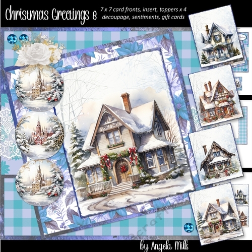 Christmas Greetings 8: Snowy Houses/Baubles 7 x 7 Card Mini Kit, 8 Sheets incl. 4 Toppers