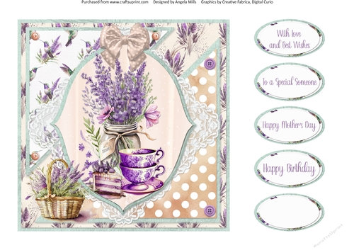 Lavender Summer 45:  Lavender Bouquet/Teacups 8 x 8 Quick Card Front with Sentiments