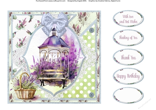 Lavender Summer 36: Lavender Gazebo/Garden Bench 7 x 7 Quick Card Front and Sentiments