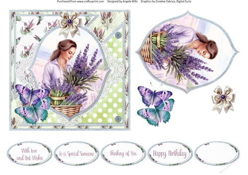 Lavender Summer 46: Lavender Gatherer 6 x 6 Card Front with Topper, Decoupage and Sentiments