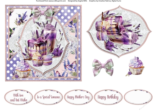 Lavender Summer 20: Lavender Cake 6 x 6 Card Front with Topper, Decoupage and Sentiments