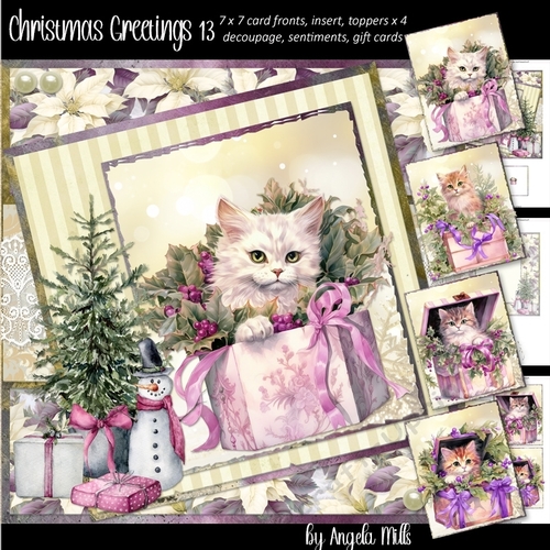 Christmas Greetings 13: Gift Box Kitties 7 x 7 Card Mini Kit, 8 Sheets, 4 Toppers