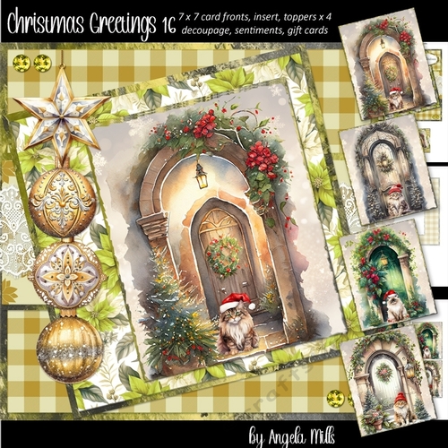 Christmas Greetings 16: Christmas Doors & Santa Cats 7 x 7 Card Mini Kit, 8 Sheets, 4 Toppers
