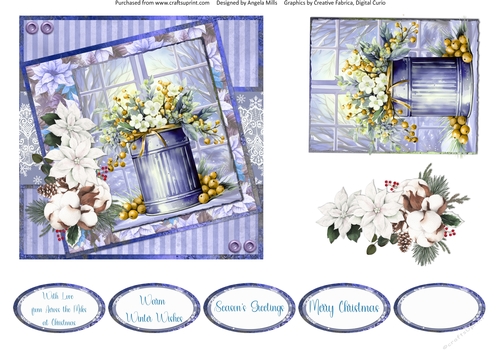 Christmas Greetings 17: Winter Florals 6 x 6 Card Front with Topper, Decoupage and Sentiments