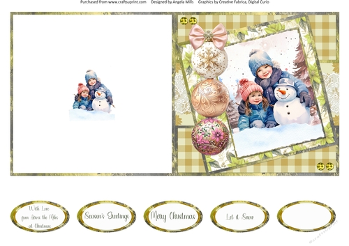 Christmas Greetings 33: Children & Snowman 5 x 5 Quick Cut & Fold Card with Sentiments