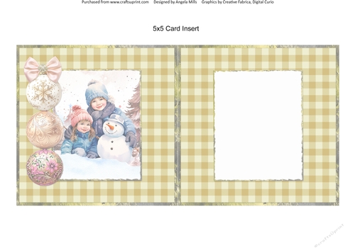 Christmas Greetings 33: Children & Snowman 5 x 5 Card Insert with Green Gingham Checked Background