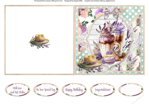 Lavender Summer 59: Lavender Coffees & Macarons 5 x 5 Quick Cut & Fold Card with Sentiments