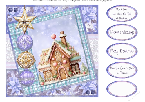 Christmas Greetings 49: Gingerbread House & Baubles 8 x 8 Card Front with Sentiments