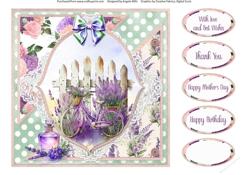 Lavender Summer 40: Lavender Bicycle 8 x 8 Quick Card Front with Sentiments