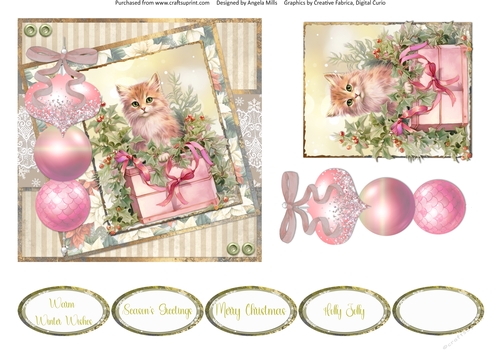 Christmas Greetings 53: Gift Box Kitty 6 x 6 Card Front with Topper, Decoupage and Sentiments