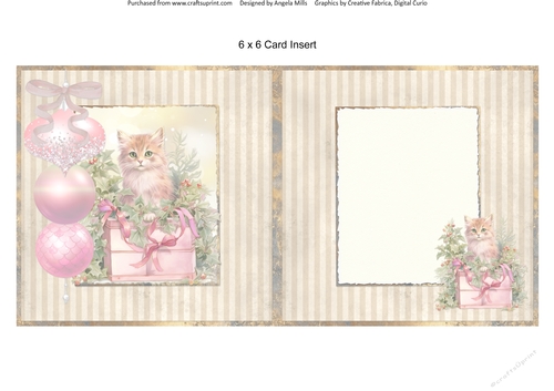Christmas Greetings 53: Gift Box Kitty 6 x 6 Card Insert with Taupe Striped Background