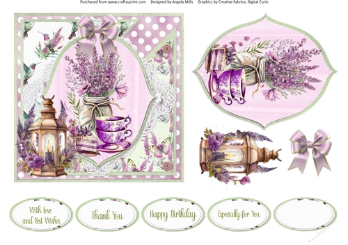 Lavender Summer 44: Lavender Bouquet & Lantern 6 x 6 Card Front with Topper, Decoupage and Sentiments