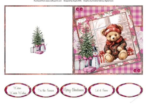 Christmas Greetings 21: Christmas Bear 5 x 5 Quick Cut & Fold Card with Sentiments
