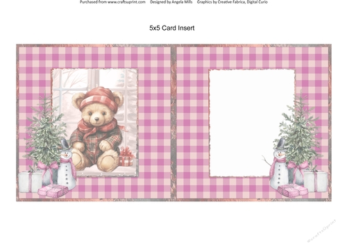 Christmas Greetings 21: Christmas Bear 5 x 5 Card Insert with Pink Gingham Check Background