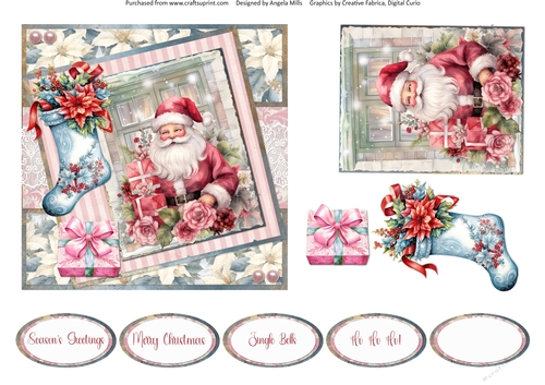 Christmas Greetings 50: Santa & Gift Boxes 6 x 6 Card Front with Topper, Decoupage and Sentiments