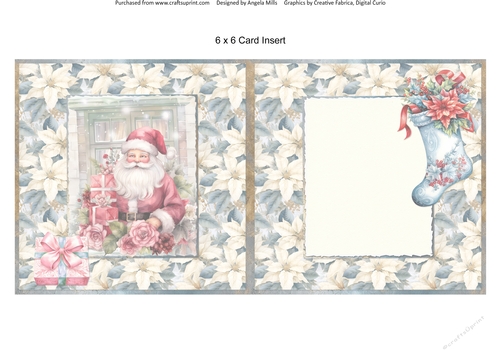Christmas Greetings 50: Santa & Gift Boxes 6 x 6 Card Insert with Indigo & Ivory Poinsettias Background