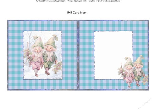 Christmas Greetings 57: Santas Little Helpers 5 x 5 Card Insert with Blue Gingham Check Background