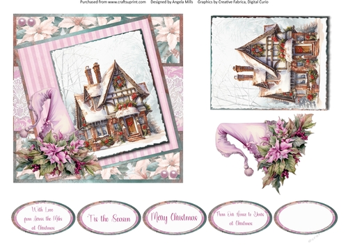 Christmas Greetings 38: Snowy House 6 x 6 Card Front with Topper, Decoupage and Sentiments