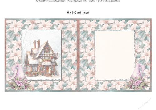 Christmas Greetings 38: Snowy House 6 x 6 Card Insert with Pink & Teal Poinsettias Background