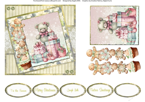 Christmas Greetings 41: Gift Box Bear 6 x 6 Card Front with Topper. Decoupage & Sentiments