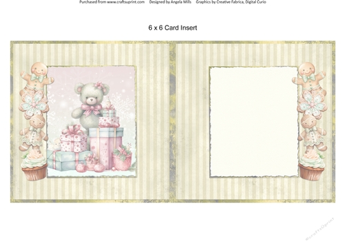 Christmas Greetings 41: Gift Box Bear 6 x 6 Card Insert with Green Striped Background