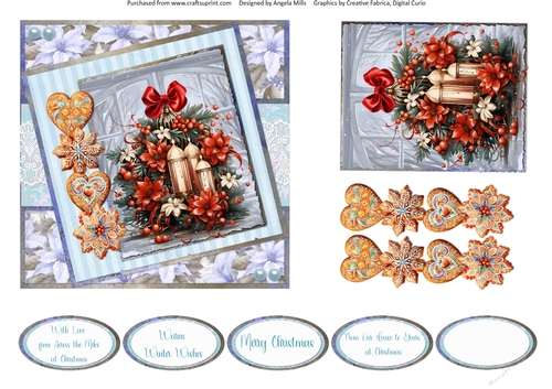 Christmas Greetings 26: Candles & Poinsettias 6 x 6 Card Front with Topper, Decoupage and Sentiments