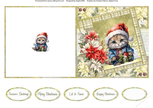 Christmas Greetings 30: Santa Hat Kitty 5 x 5 Quick Cut & Fold Card with Sentiments