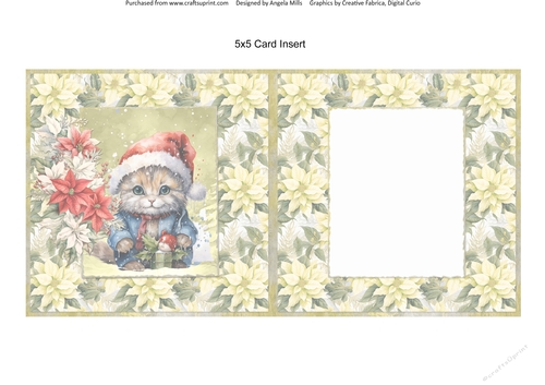 Christmas Greetings 30: Santa Hat Kitty 5 x 5 Card Insert with Yellow/Green Poinsettias Background