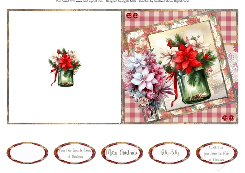 Christmas Greetings 45: Poinsettia Mason Jar 5 x 5 Quick Cut & Fold Card with Sentiments