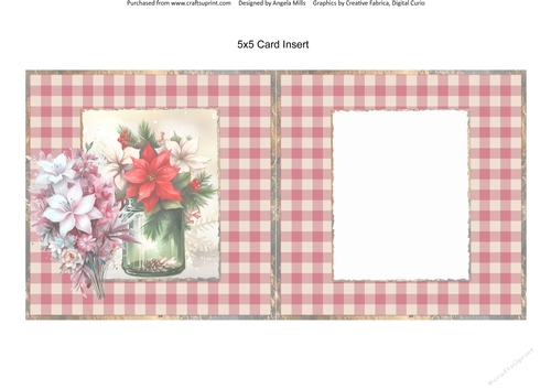 Christmas Greetings 45: Poinsettia Mason Jar 5 x 5 Card Insert with Red/Tan Gigham Checked Background