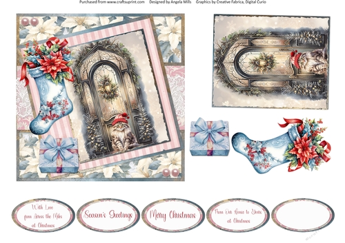 Christmas Greetings 62: Christmas Door Kitty 6 x 6 Quick Card Front with Topper, Decoupage and Sentiments