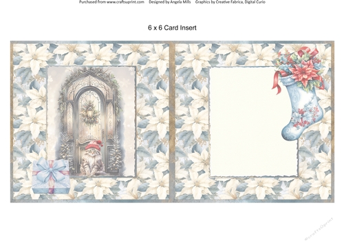 Christmas Greetings 62: Christmas Door Kitty 6 x 6 Card Insert with Indigo & Ivory Poinsettias Background