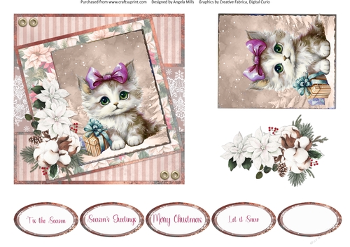 Christmas Greetings 29: Gift Box Kitty 6 x 6 Card Front with Topper, Decoupage and Sentiments