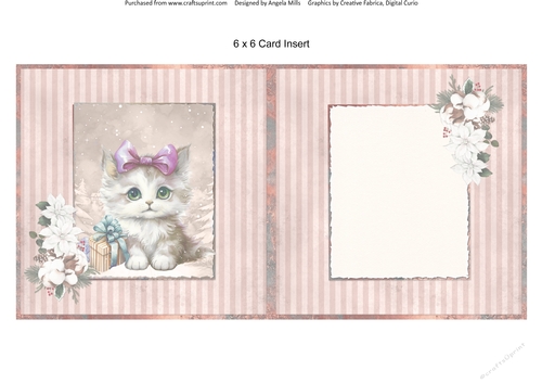 Christmas Greetings 29: Gift Box Kitty 6 x 6 Card Insert with Peach Striped Background