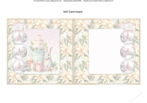 Christmas Greetings 42: Gift Box Bunny 5 x 5 Card Insert with Yellow/Green Poinsettias Background