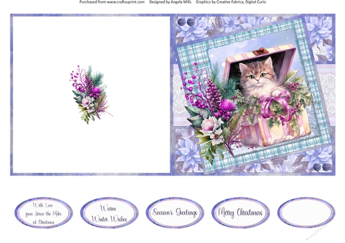 Christmas Greetings 54: Gift Box Kitty 5 x 5 Quick Cut & Fold Card with Sentiment Toppers