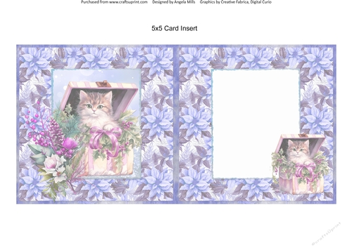 Christmas Greetings 54: Gift Box Kitty 5 x 5 Card Insert with Blue/Lilac Poinsettias Background