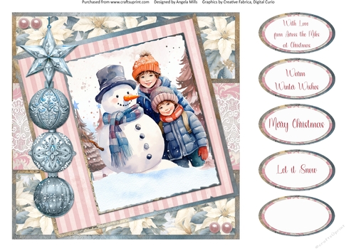 Christmas Greetings 34: Children & Snowman 8 x 8 Quick Card Front with Sentiments
