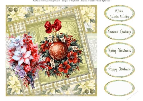 Christmas Greetings 28: Christmas Bauble & Poinsettias 8 x 8 Card Front with Sentiments