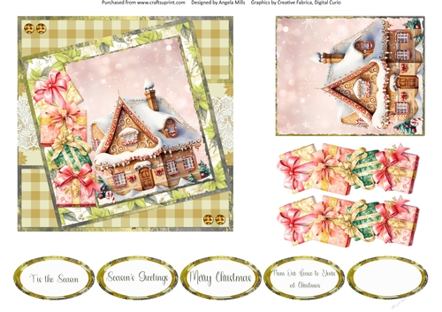 Christmas Greetings 47: Iced Gingerbread House 6 x 6 Card Front, Topper, Decoupage & Sentiments