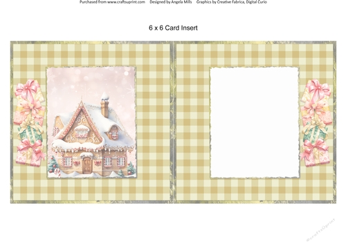 Christmas Greetings 47: Iced Gingerbread House 6 x 6 Card Insert with Green Gingham Check Background