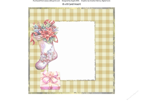 Christmas Greetings 19: Christmas Stocking & Gift Box 8 x 8 Card Insert with Green Gingham Check Background