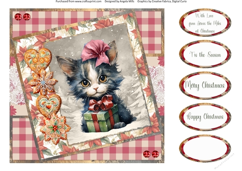 Christmas Greetings 31: Gift Box Kitty 8 x 8 Quick Card Front with Sentiments