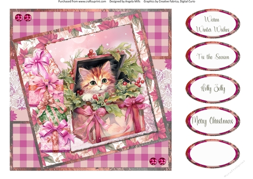 Christmas Greetings 55: Gift Box Kitty 8 x 8 Quick Card Front with Sentiments