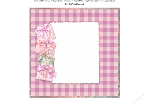 Christmas Greetings 55: Pink Gift Boxes 8 x 8 Card Insert with Pink Gingham Check Background