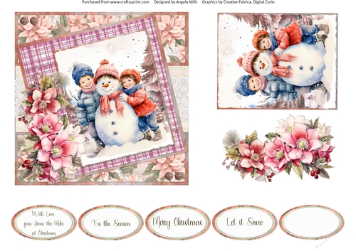 Christmas Greetings 32: Snowman & Children 6 x 6 Card Fromt with Topper, Decoupage and Sentiments
