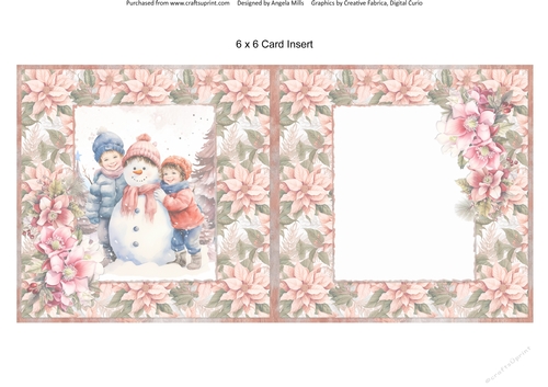 Christmas Greetings 32: Snowman & Children 6 x 6 Card Insert with Peach/Green Poinsettias Background