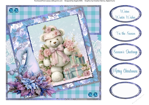 Christmas Greetings 43: Gift Box Teddy 8 x 8 Quick Card Front with Sentiments